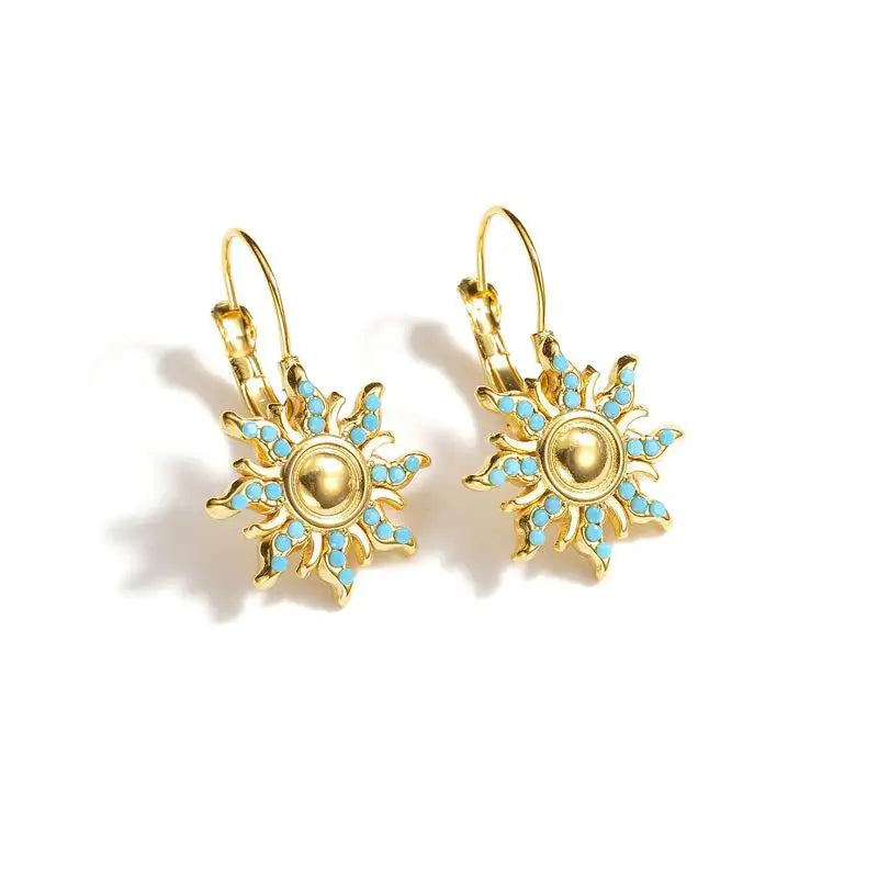 Retro Jewelry Artificial Turquoise Sun Flower Charms Pendant Earring Stainless Steel 18K Gold Plated Earrings