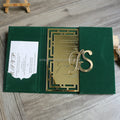 Hot Selling Elegant Green Velvet Hardcover Wedding Invitations Laser Cut Mirror Name Tag Acrylic Card Engraved Text Custom Logo
