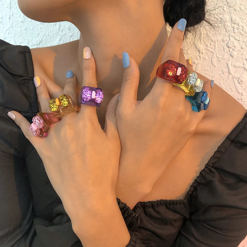 New Arrivals Unique Transparent Resin Rings Female Candy Color Bow Ring Fashion Simple Acrylic Rings Jewelry Accessories