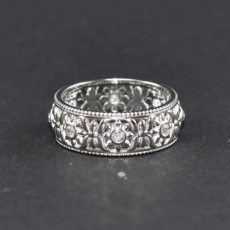 CAOSHI Vintage Flowers Handmade Design Zircon Hollow Wide Band Finger Ring for Fashion Party Silver Plated Rings for Women/Men