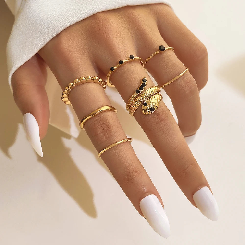 VKME 7Pcs/Set Snake Stacking Ring Black Zircon Simple Ring Set for Women Jewelry Wholesale