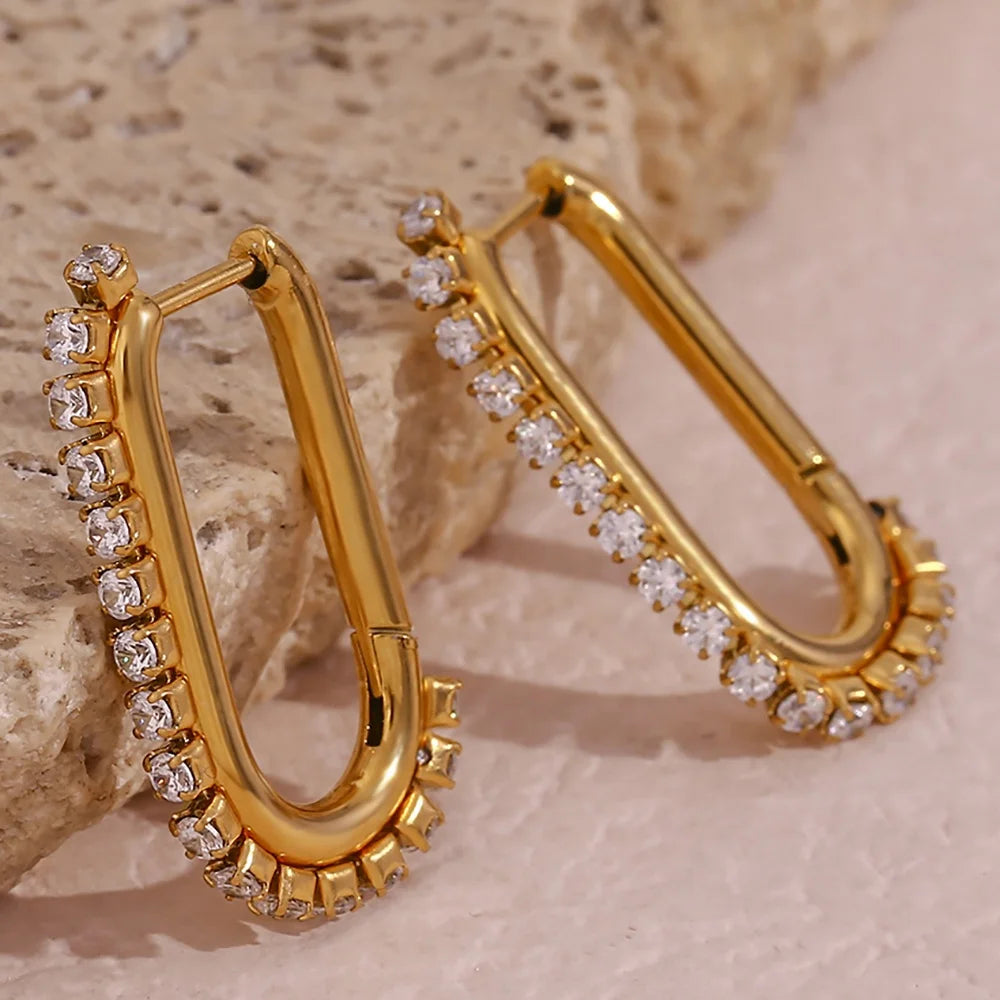 Dreamshow Shining Zircon U Shape Hoop Earring 18k Gold Plated Cubic Zirconia Earrings Wholesale Stainless Steel Jewelry