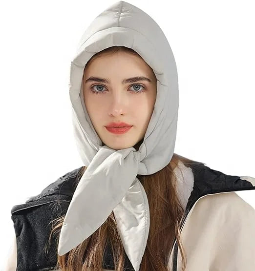 Wholesale Outdoor Waterproof Women's Cartoon Pattern 700 Fill Power Duck Filler Nylon Fabric Hooded Scarf Hat Cap Beitao White