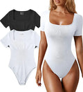 Summer New Pit Stripe Short Sleeve Tight Bodysuit Casual Solid Color square Neck Jumpsuit SML