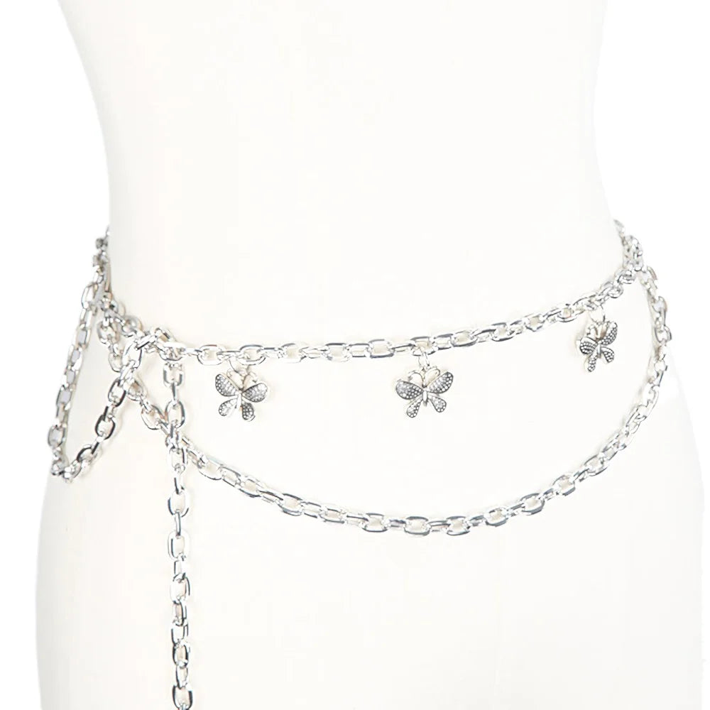 Chunky Metal Brass Alloy Bohemian Double Layers butterfly Charms Waist Belly Rings Chain Jewelry Women
