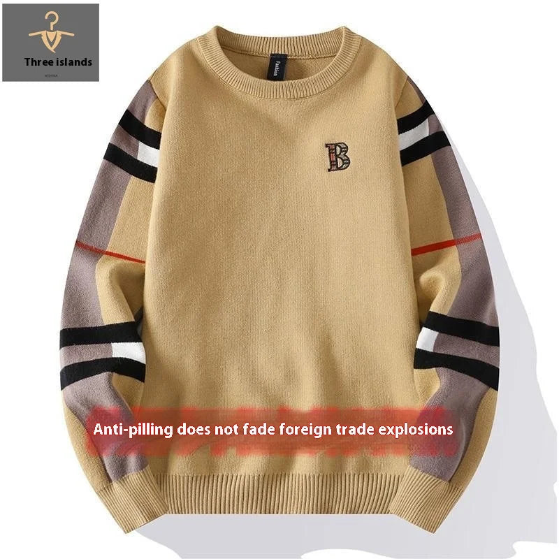 Autumn Winter Men's Anti-Wrinkle Korean Fleece-Lined Sweater Handsome Neck Thickened Base Knitted Shirt Youth Warm Winter Wear