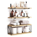 Modern Farmhouse Floating Shelves Wood Wall Mounted Over Toilet Storage Basket for Tools Dining Tableware Sleek Bathroom Design