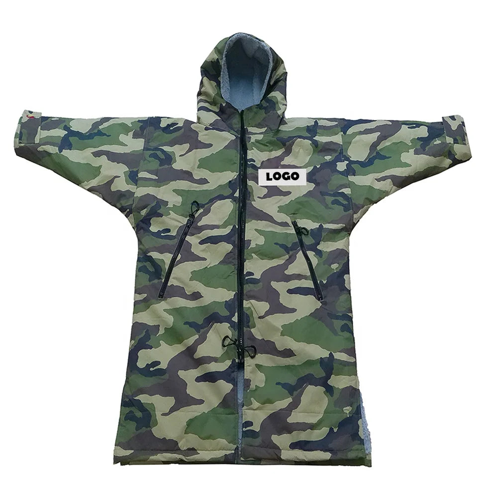 Adult Hooded Camouflage Printing Warm Fleece Lining Beach Swim Surf Waterproof Changing Robe Poncho
