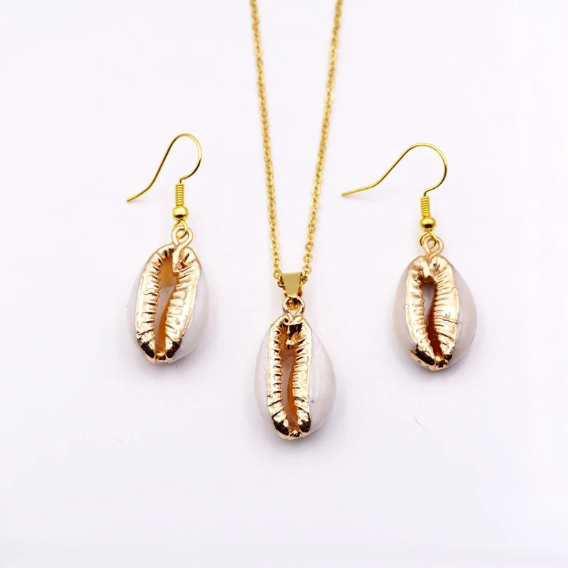 Choker Necklace Earrings Set Gold Wholesale Hawaii Bead Shell Pearl Fashion Jewellery Natural Plated Seashell Pendant for Women MegaBDM