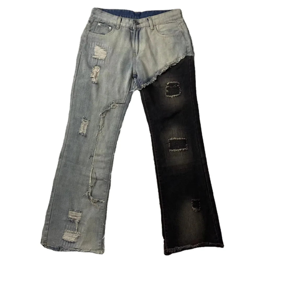 DENIMGUYS Street Retro Patchwork Denim Pants Men's Y2K Baggy Loose Fit Damaged Distressed Wide Leg Jeans Men