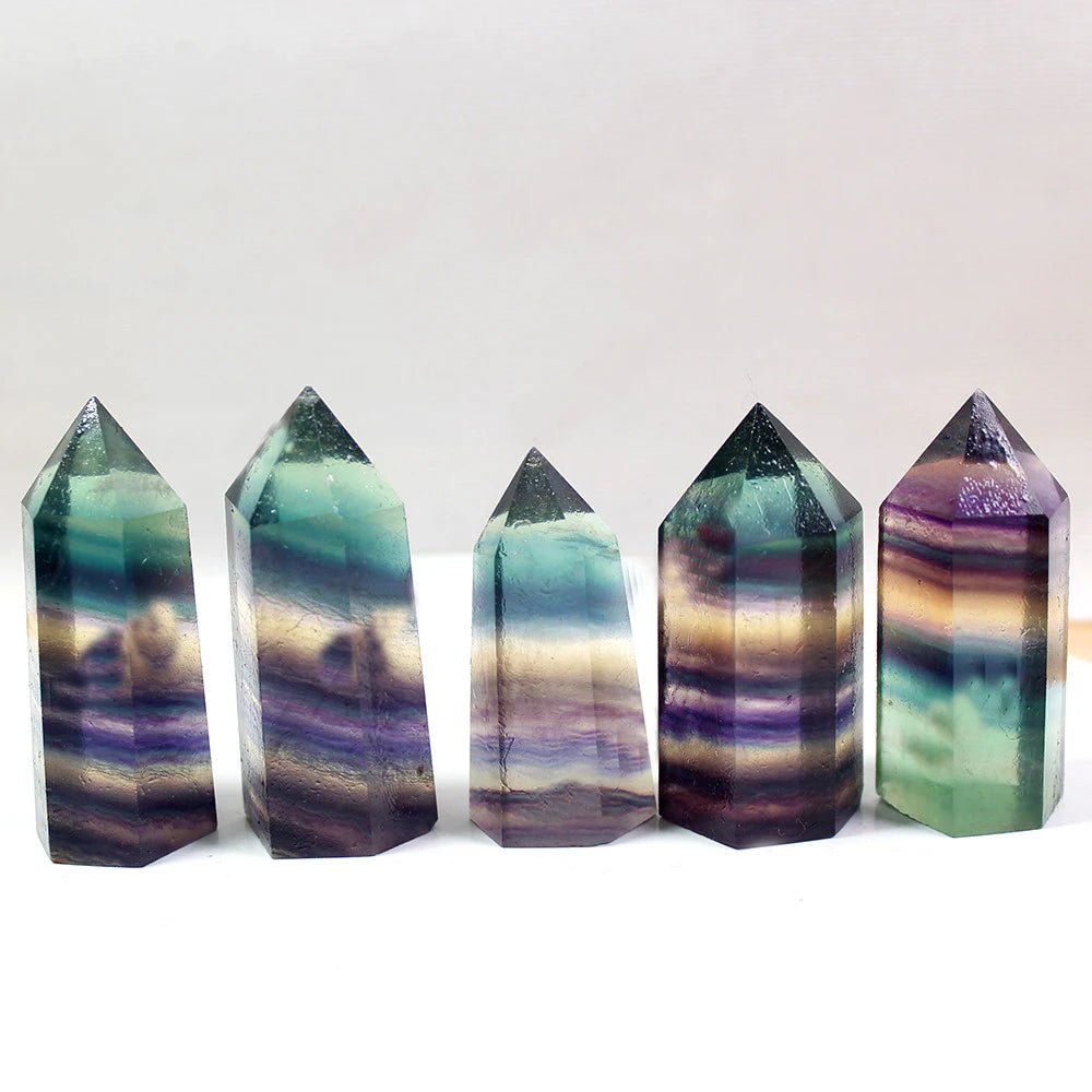 Natural Rainbow Fluorite Healing Crystal Point Wand for Home Decor Faceted Prism Wand