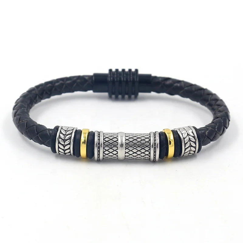 Gold Silver Double Color Alloy Single Lap Leather Braided Rope Magnetic Clasp Bracelet for Men