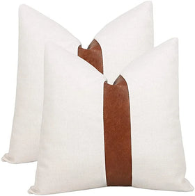 White Linen Patchwork Faux Leather Throw Pillow Covers for Couch Living Room Bedroom Modern Accent Decor Square Cushion Covers