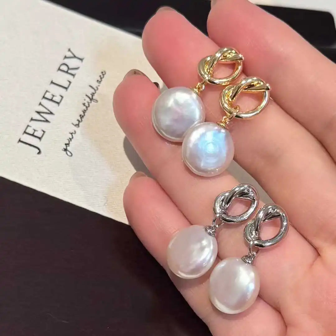 Elegant Chinese Knot Button Baroque Pearl Earrings Iridescent Natural Freshwater Pearl Studs 18K Gold Plated Jewelry