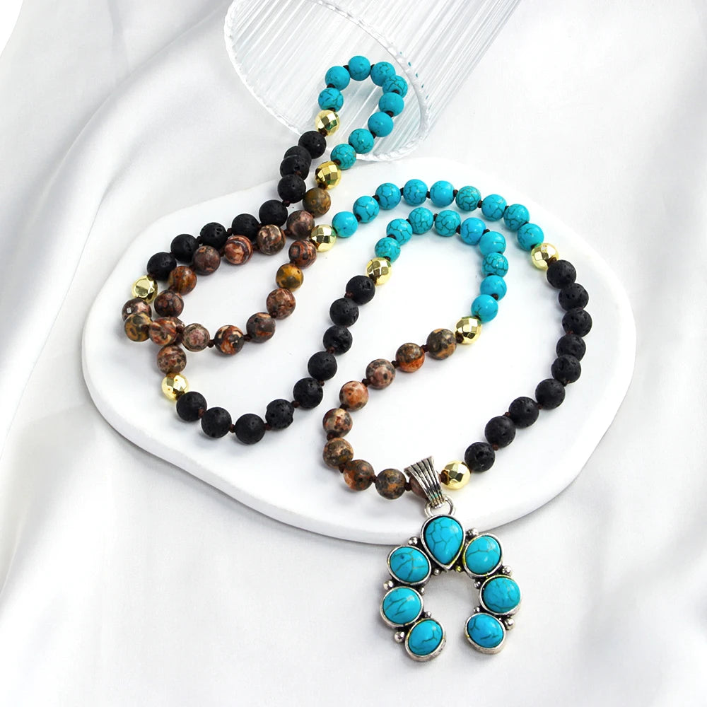 New Bohemian Retro Ethnic Style Women's Jewelry 6mm Natural Stone Glass Knot Necklace Turquoise Metal Hand Pendant Necklace
