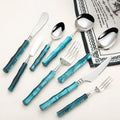 Acrylic Blue White Bamboo Handle 304 Stainless Steel Cutlery Set Knife Fork Spoon Silverware Restaurant Flatware Set