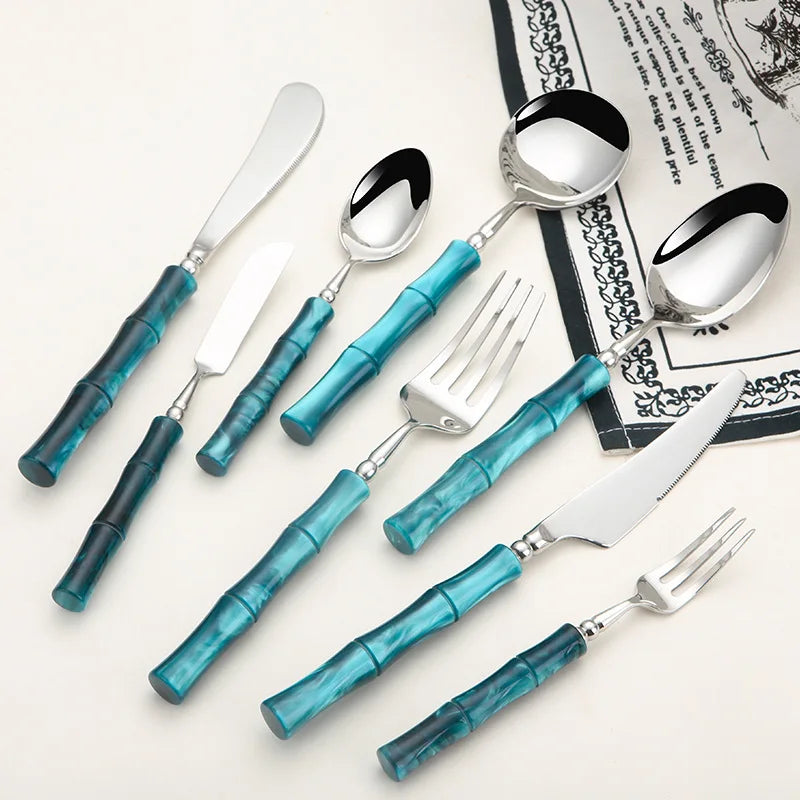 Acrylic Blue White Bamboo Handle 304 Stainless Steel Cutlery Set Knife Fork Spoon Silverware Restaurant Flatware Set