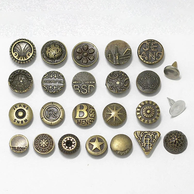Vintage Style Metal Denim Button and Rivet Kit - Classic Matte Brass Jeans Tack Button for Denim Jacket and Pants