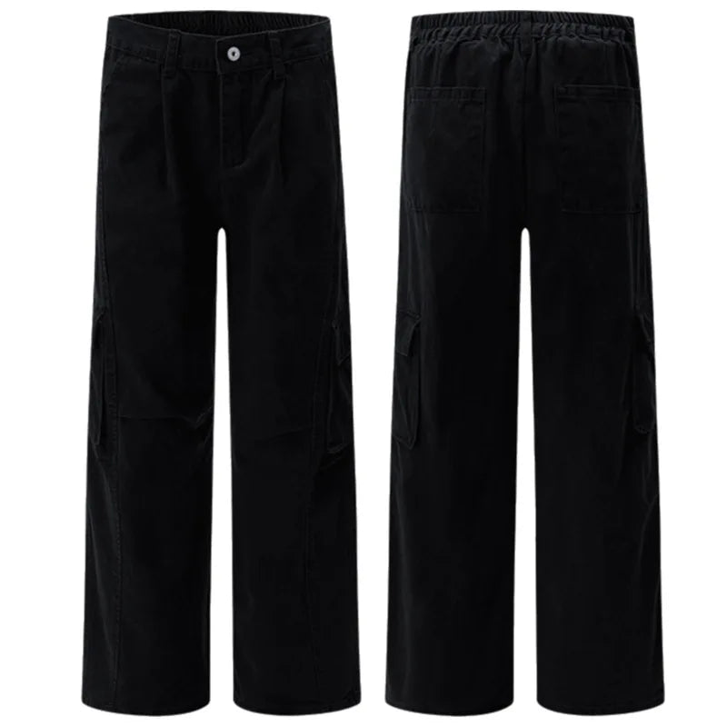 Autumn Men's Retro Style High Street Casual Pants American Vintage Overalls Vibe Old Faded 100% Cotton Elastic Waist Loose