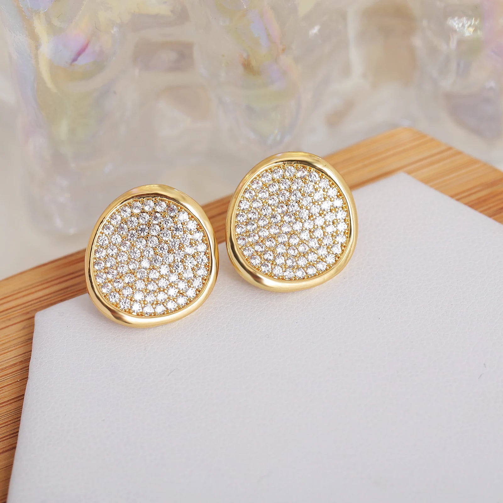 Classic Trendy Gold-Plated Brass Stud Earrings with Zircon Cluster Floral Geometric Design for Religious Anniversaries Parties