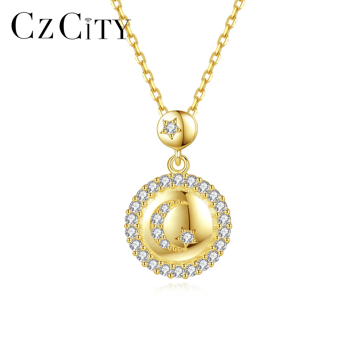 CZCITY Woman Fantasy 14K Gold Plated Moon Shaped Jewellery Statement Silver CZ Moon Necklace