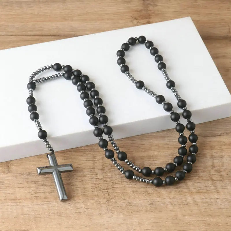 8mm Matte Onyx Beaded Catholic Rosary Cross Necklace for Men Women Jewelry Christ Meditation Jewelry Cross Pendant