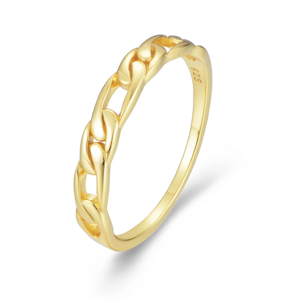 Fashion Jewelry 925 Sterling Silver Hollowed Chain Shape Plain Gold Plated Couple Rings Engagement Ring for Women Men
