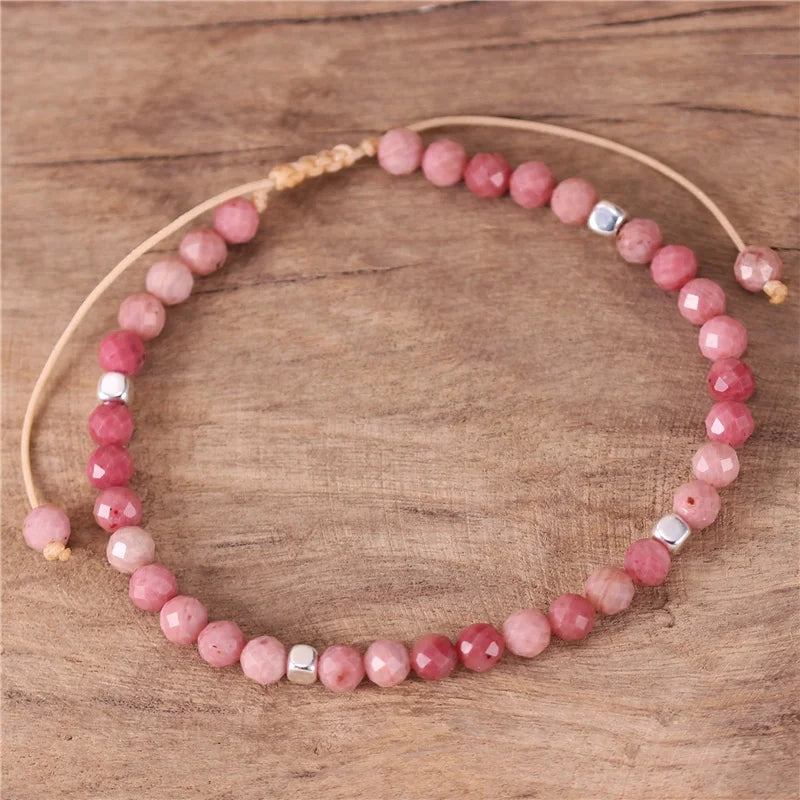 Popular Jewelry Natural Stone 4mm Rhodonite Beads Dainty Bracelet Women Cord Braided Tibetan Adjustable Bracelet Friendship Jewelry Dropshipping