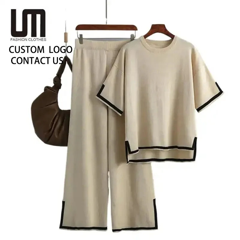 OEM Hot Selling New Arrival Summer Two Piece Loose T Shirt Women Tracksuit Fashion Knit Casual Short Sleeves Lady Pant Suit