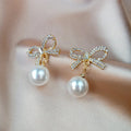 LYB6023 Korean Style Fashion Rhinestones Bowknot Earrings Alloy Pearl Earrings