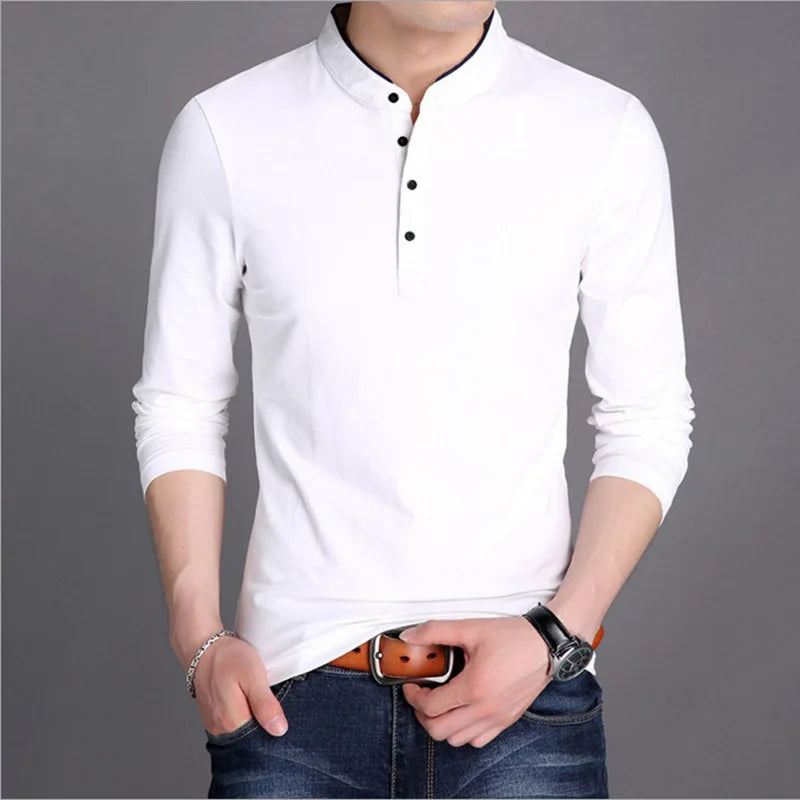 RNSHANGER Men's Fashion Long Sleeved Polo Shirt Casual Solid Color Breathable Top Stand up Collar Korean Comfortable Polo Shirts