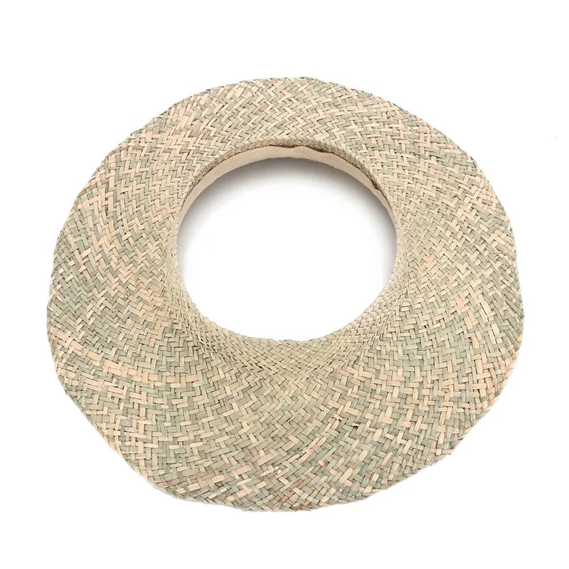 Summer Tropical Hawaiian Honolulu Natural Palm Leaf Seagrass Grass Bulrush Straw Open Top No Crown Crownless Hat