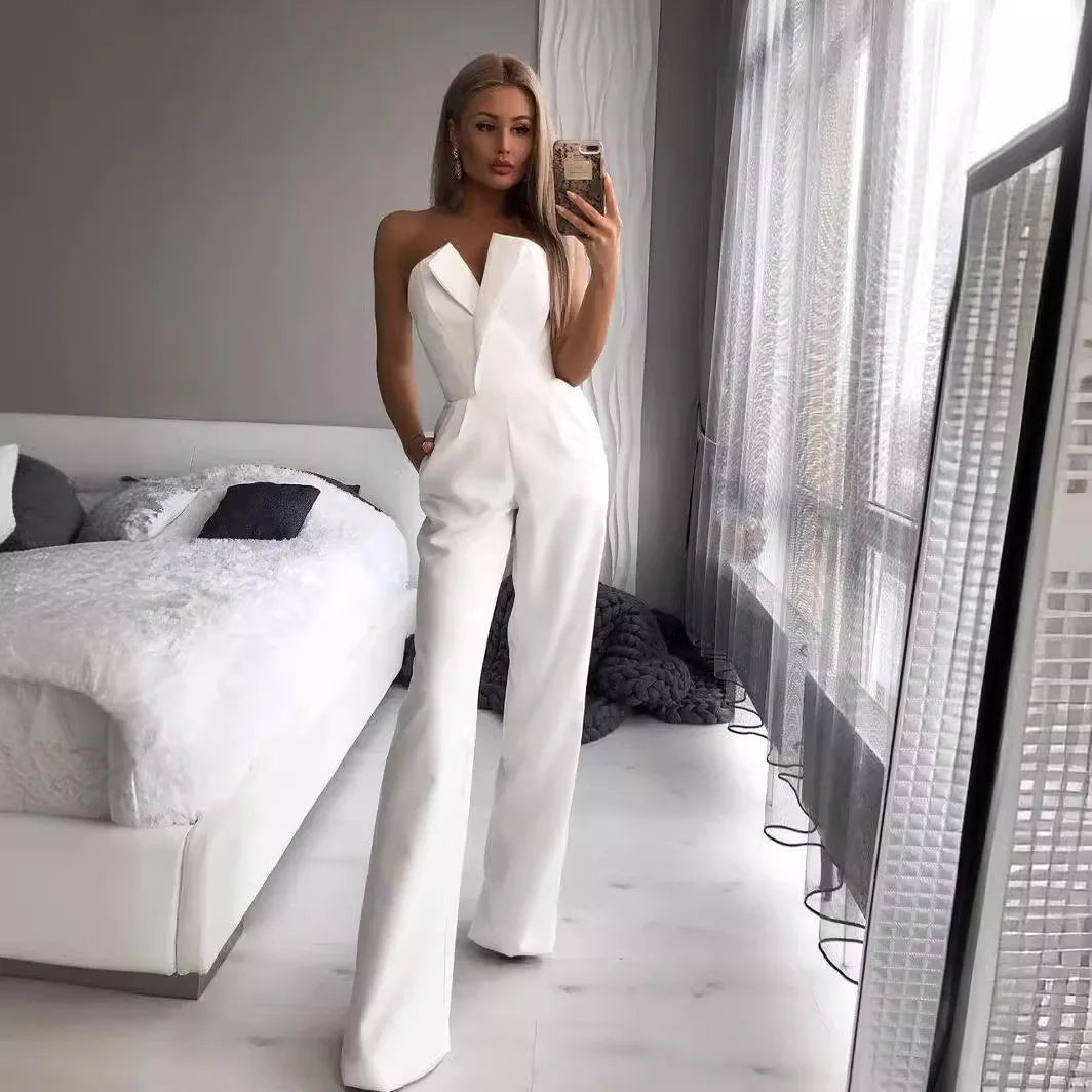 Summer Long Rompers Women Elegant Strapless Sleeveless Wide Leg Club Party Outfits Loose Work Wide Leg Party Jumpsuit