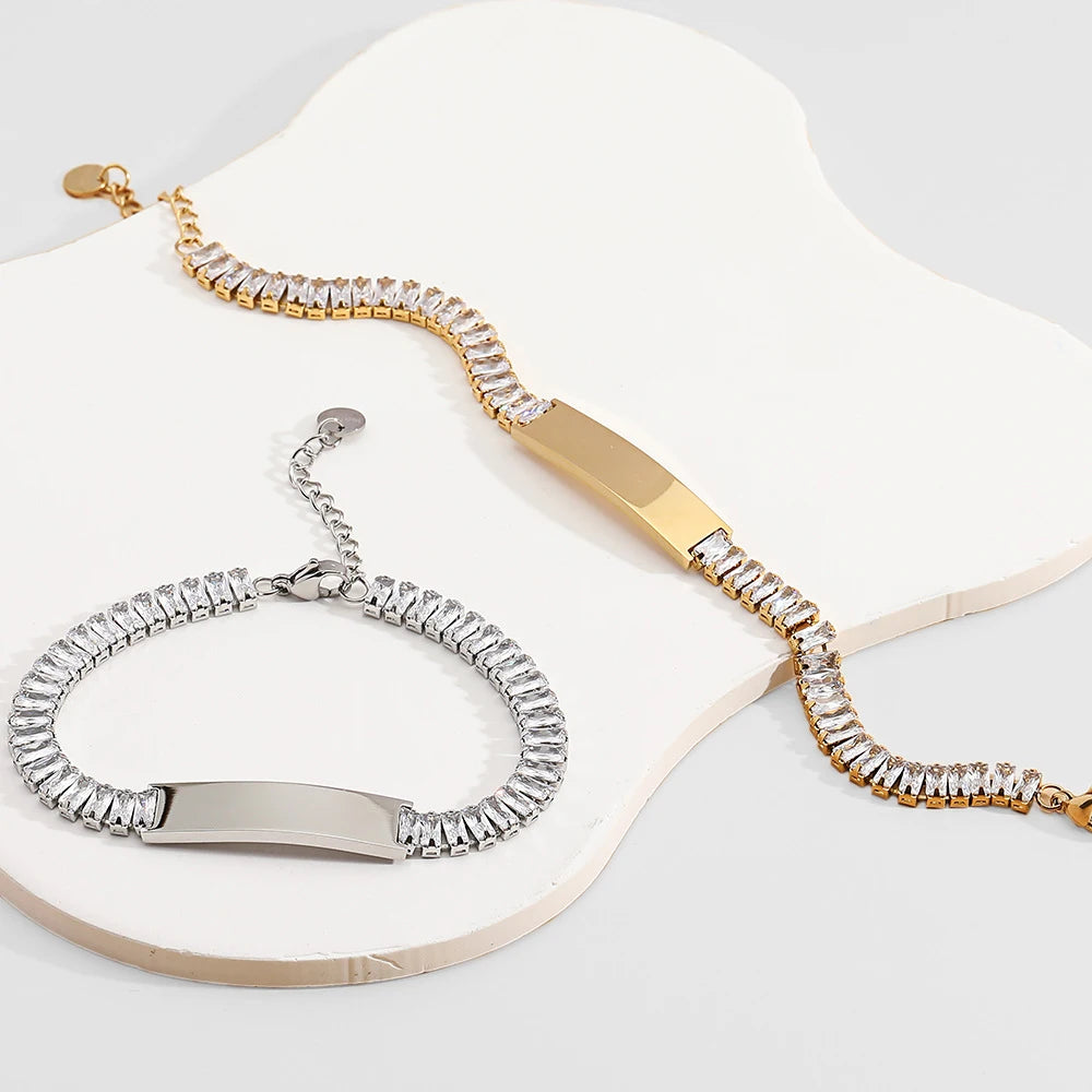 316L Stainless Steel Classic Unisex Bangle with CZ Crystal & Rhinestone Gold-Color Plated Geometric Pattern Custom Engraving OEM