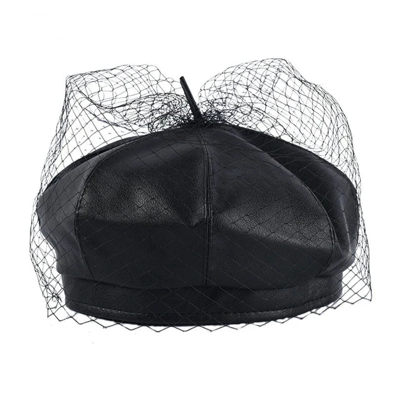 Women PU Leather French Black Beret Hat Causal Beanie Hat