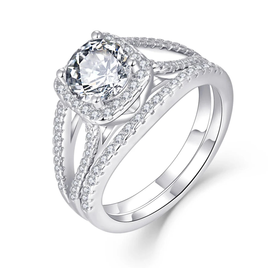 Luxury 925 Sterling Silver Classic Wedding Engagement Ring with Halo Design Rhodium Plated Clear Cubic Zirconia