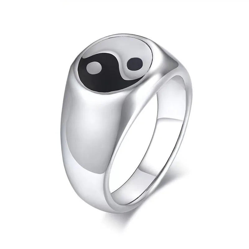 Ancient Culture Fengshui Ring Stainless Steel Taiji Valentine's Day Black Enamel Yin-Yang Rings for Men Women