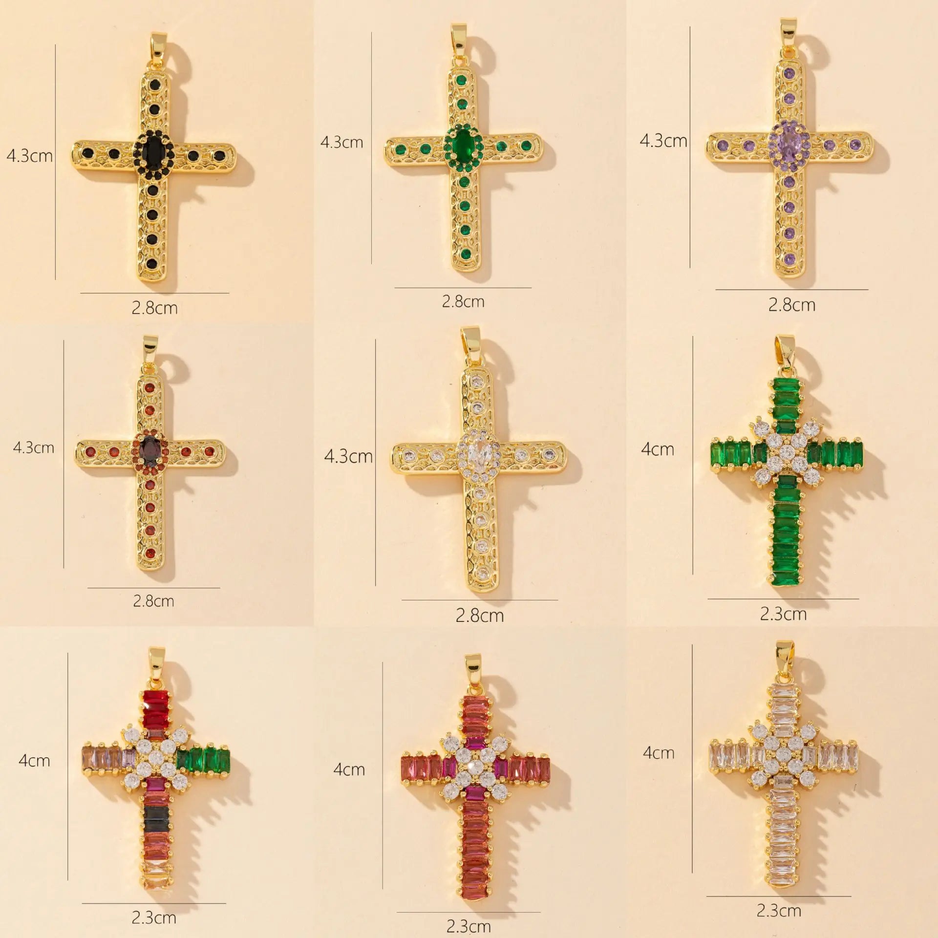 Luxury Copper Gold Plated Shiny Multicolor Cubic Zircon Accessories Unique Multi-Style Gold Cross Pendant for Jewelry Making