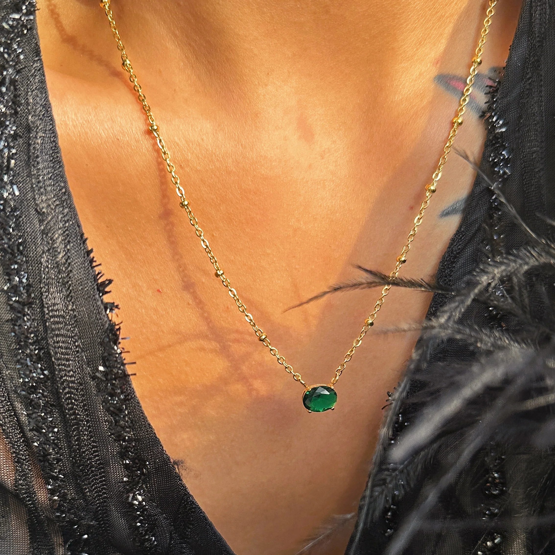 Dazan New Ins 18k Gold Plated Tarnish Free Stainless Steel Polished Noble Green Zircon Pendant Bead Chain Necklace for Women