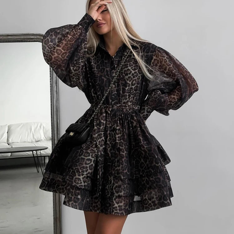 Collared Button-Up Belted Layered Puff Long Sleeve Print Women's Chiffon Short Dresses Women Clothes Trend 2025 Leopard Dress