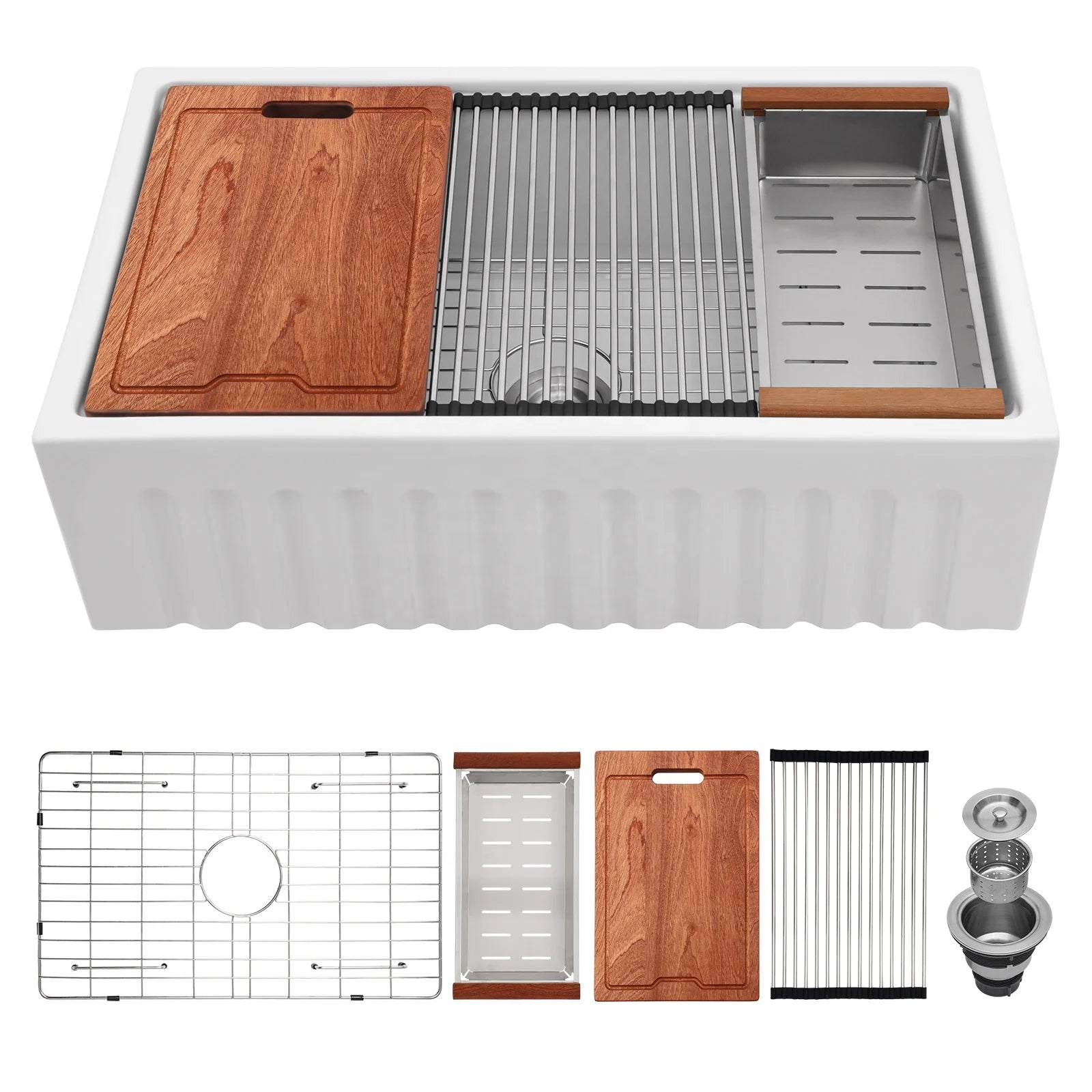 US Warehouse Sarlai 33inch Single Bowl Farmhouse Sink With Apron Front Porcelain Ceramic Kitchen Sinks Includes Accessories