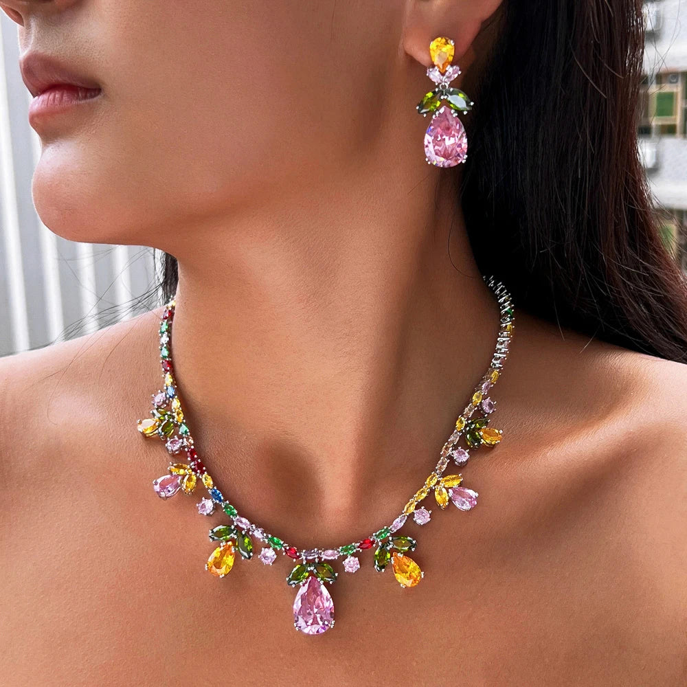 Luxury Cubic Zircon Necklace and Earrings Colorful Jewelry Set for Women Banquet Dress Accessories