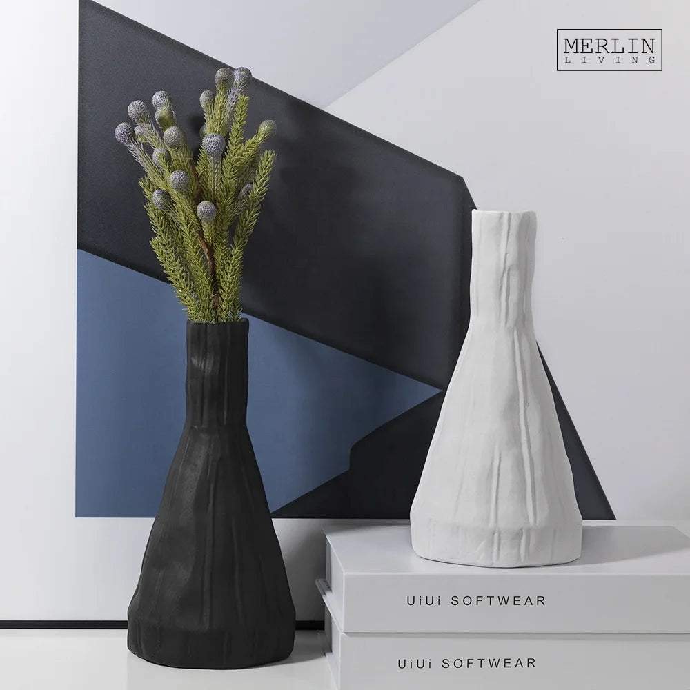 Merlin Living Small Ceramic Tabletop Vase White Wrinkly Black Design Modern Nordic Scandinavian Style Wholesale Home Decor
