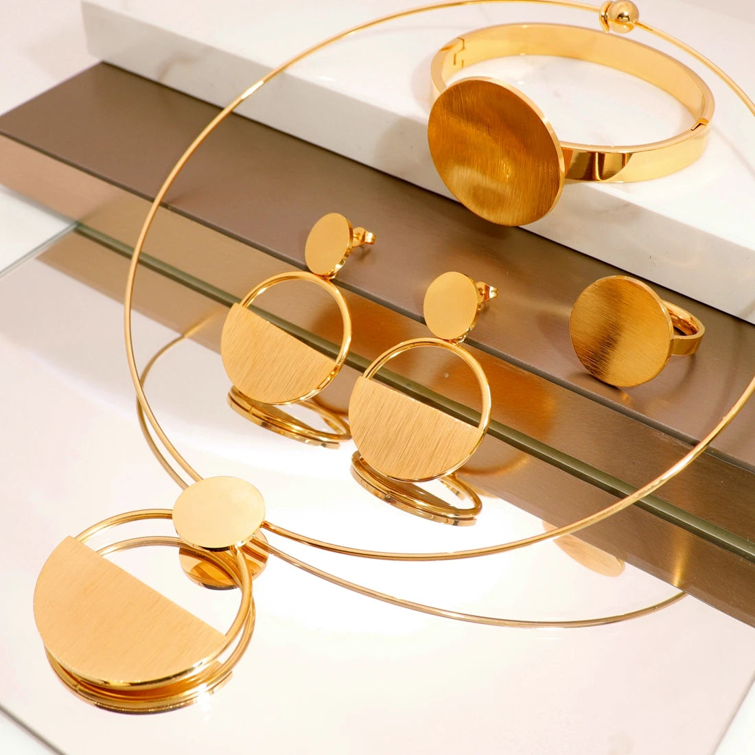Wholesale Necklace Earrings Bracelet Ring Sets Polished Minimalism Waterproof 18K Gold Plated Stainless Steel Jewelry for Women
