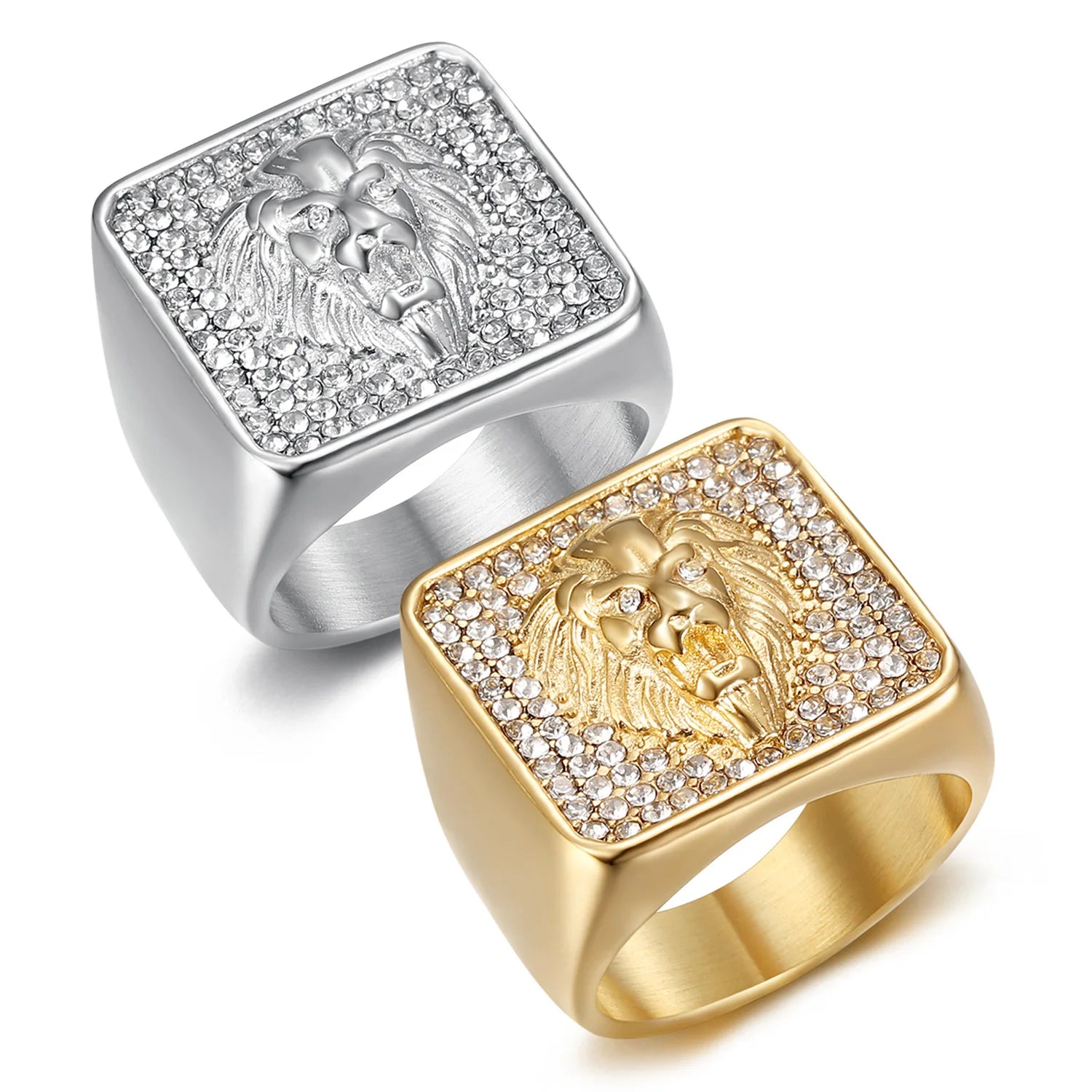 Fashion Men's Trendy Statement Bling Animal Hip Hop Chunky Stainless Steel 18K Gold Iced Out CZ Signet Zircon Lion Head Ring