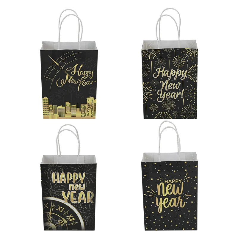 Happy New Year Theme Black Recyclable Gift Treat Party Bags Goodie Bags Handle Kraft Paper Shopping Bag for Holiday Potato Chips