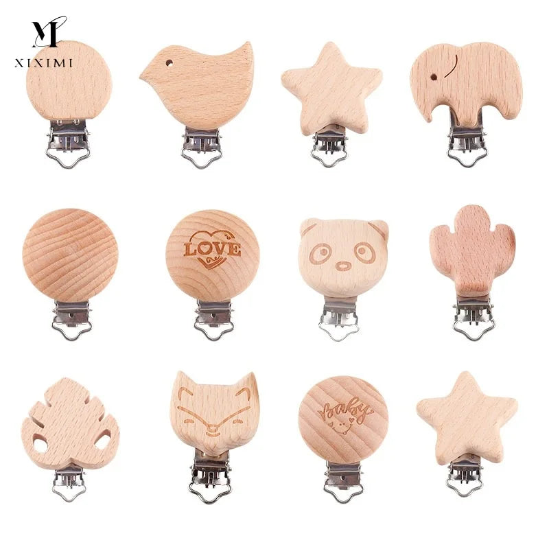 Xiximi Wholesale Different Shapes Natural Wood Color Baby Toys Wooden Dummy Clip Beech Wood