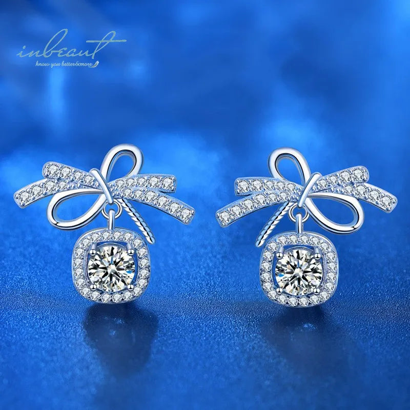 Trendy Silver 925 Original Total 1 Carat Brilliant Cut Diamond Test Past D Color Moissanite Bowknot Drop Earrings Fine Jewelry