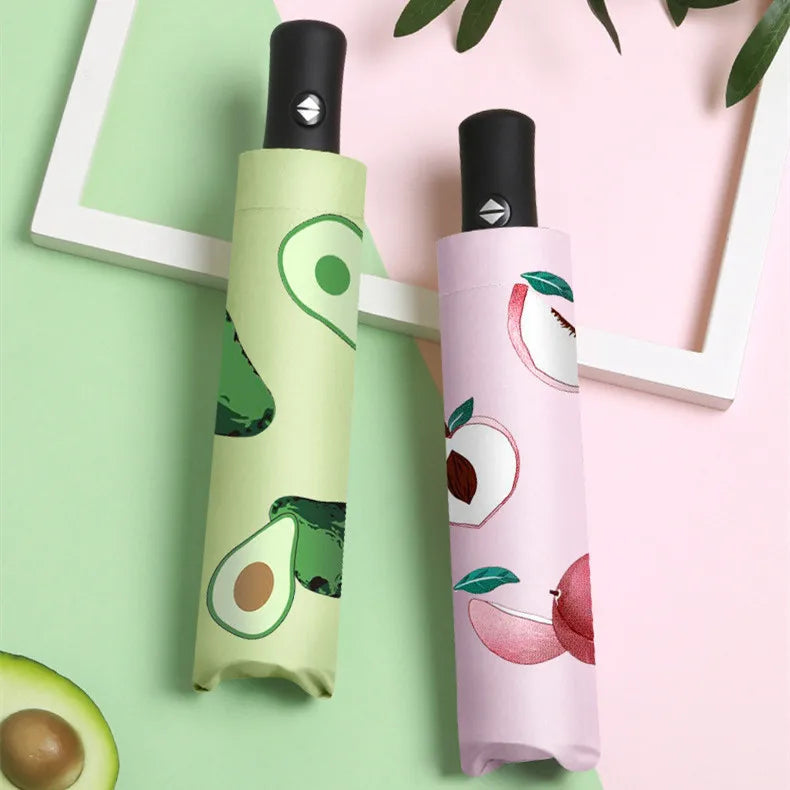 Wholesale Custom Logo Fruit Pattern Automatic Mini Pocket 3 Fold Waterproof Windproof UV protection Sun Umbrella