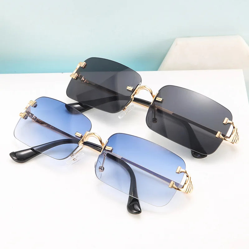 2025 Custom Logo Trendy Retro Women Small Frame Blue Rectangle Sunglasses Metal Rimless Square Sunglasses Men Women